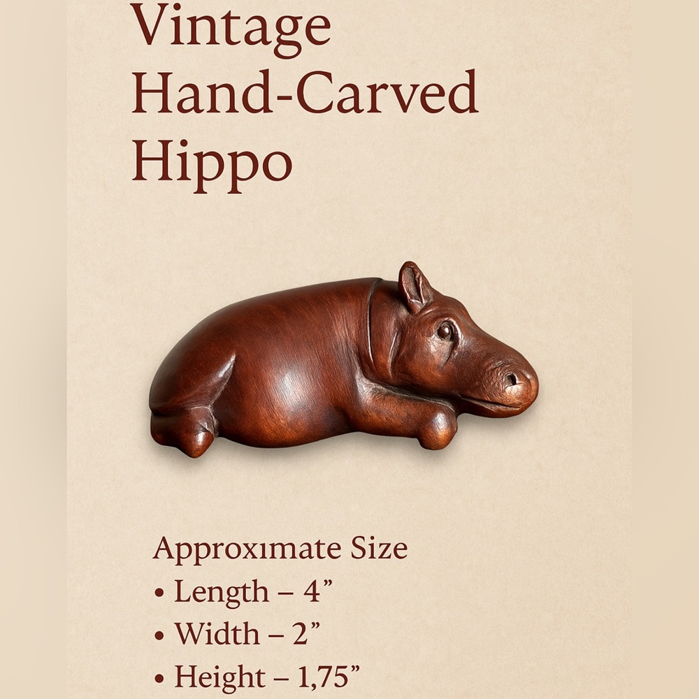 ‼️🌟 Vintage Hand-Carved Wooden Hippo Figurine – Solid Wood Safari Decor 🦛